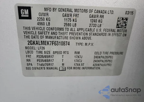 2015 GMC Terrain Sle z USA, uszkodzony, nr VIN 2GKALMEK7F6310874